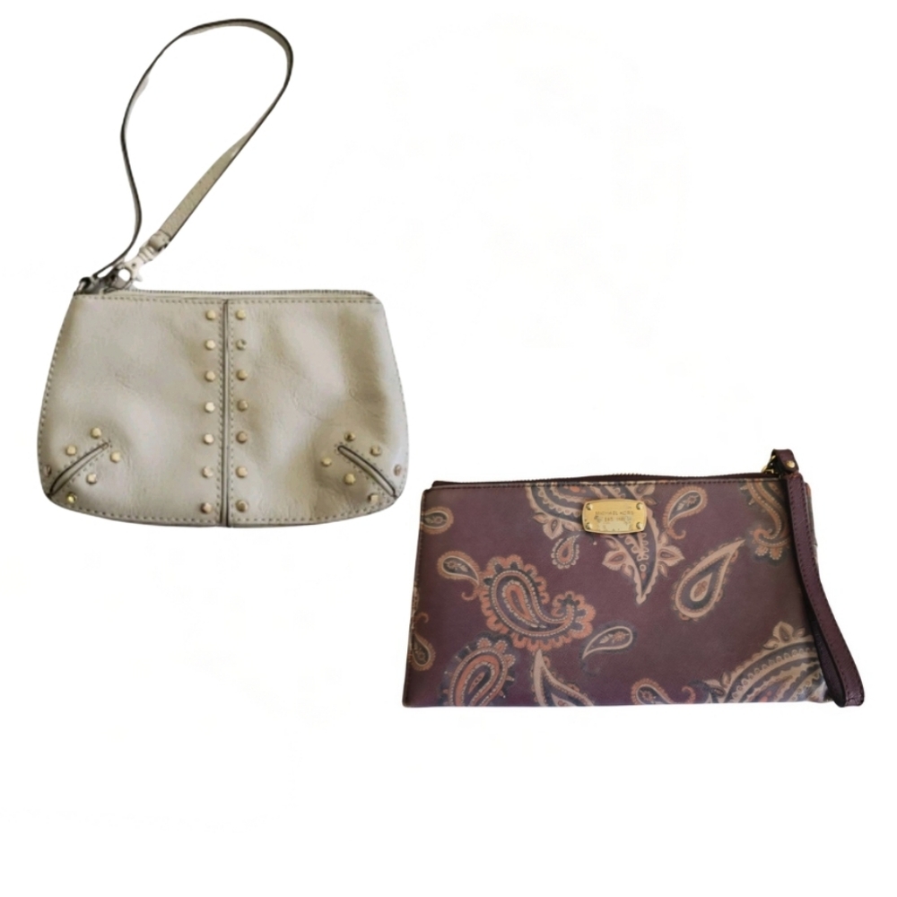 Michael Kors LOT of 2 Wristlet Clutch- Cream Studded, Purple Paisley Small Purse